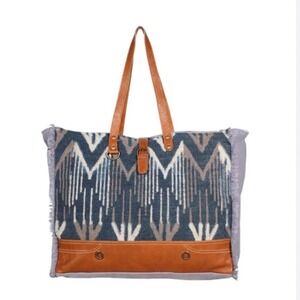 Myra Bag Beholden Blue Canvas Leather Oversized Boho Weekender Travel Bag